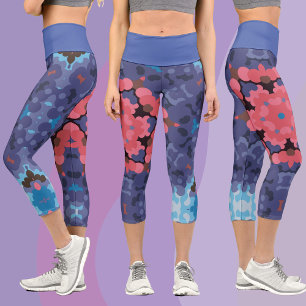 Retro Mandala Flower Blue and Pink Capri Leggings