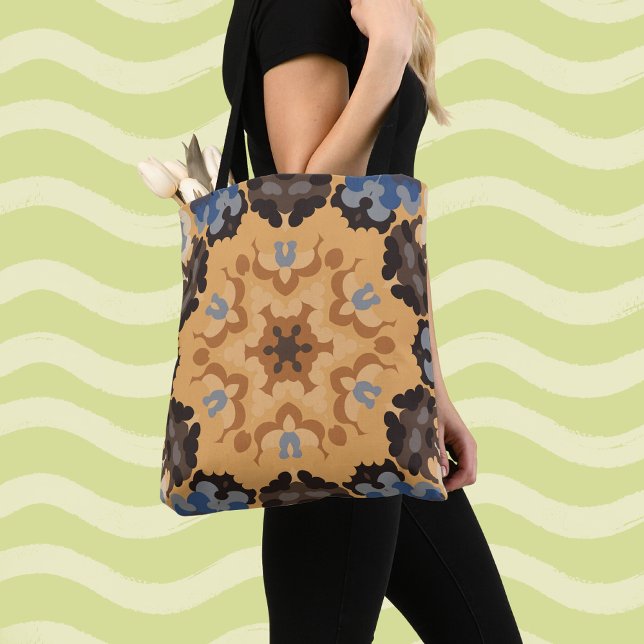 Retro Mandala Flower Blue Orange and Brown Tote Bag (Creator Uploaded)