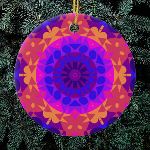 Retro Mandala Flower Blue Pink and Orange Ceramic Tree Decoration