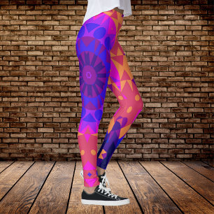 Retro Mandala Flower Blue Pink and Orange Leggings
