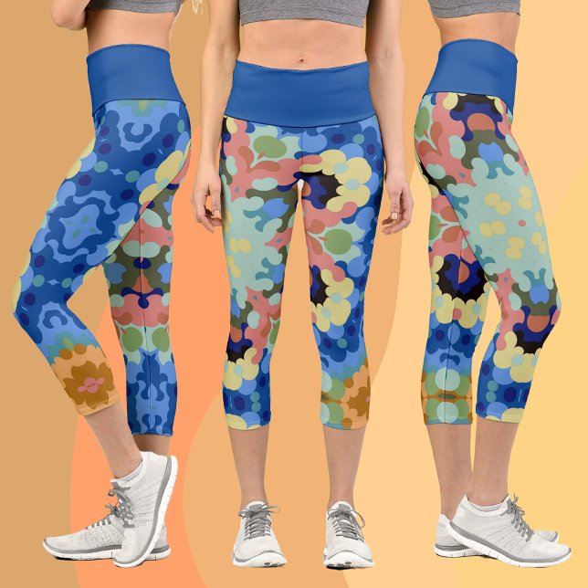 Retro Mandala Flower Blue Pink and Yellow Capri Leggings (Creator Uploaded)