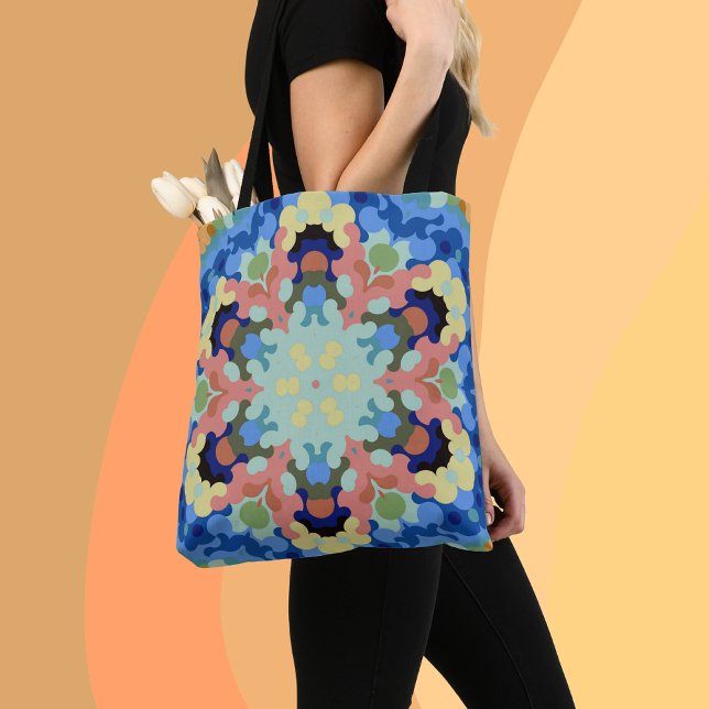 Retro Mandala Flower Blue Pink and Yellow Tote Bag (Creator Uploaded)