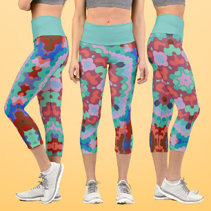 Retro Mandala Flower Blue Red and Teal Capri Leggings