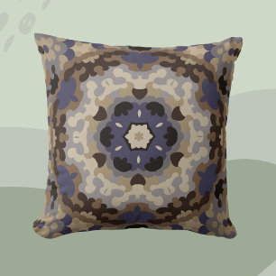 Retro Mandala Flower Blue Tan and Brown Cushion