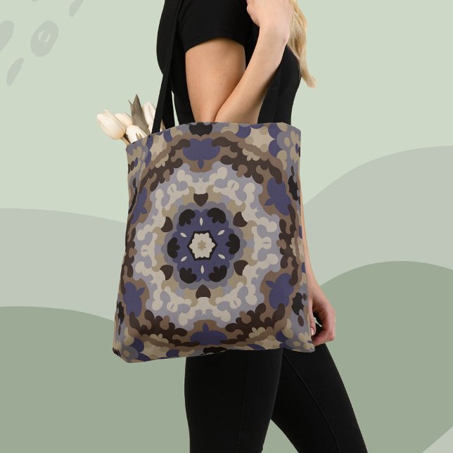 Retro Mandala Flower Blue Tan and Brown Tote Bag (Creator Uploaded)