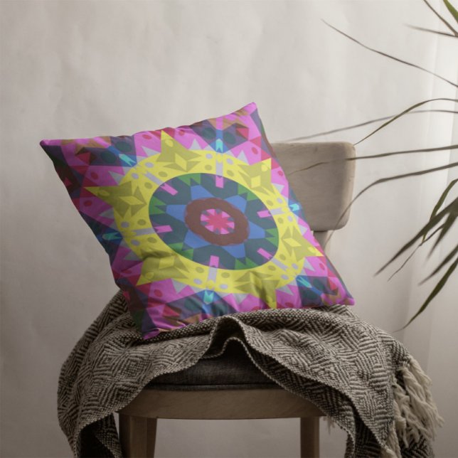 Retro Mandala Flower Blue Yellow and Pink Cushion (Creator Uploaded)
