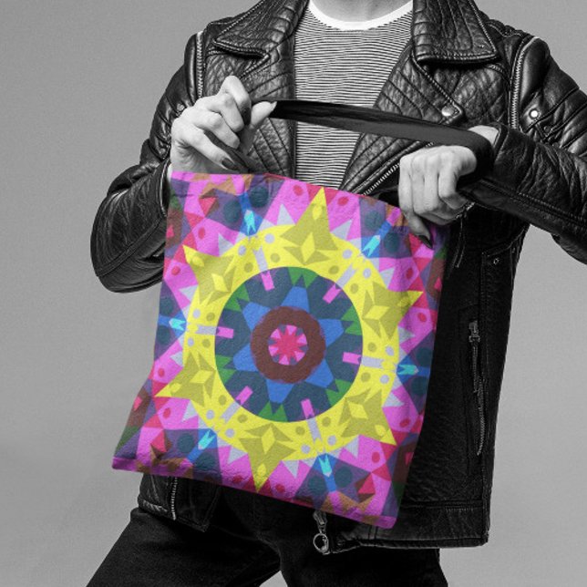 Retro Mandala Flower Blue Yellow and Pink Tote Bag (Creator Uploaded)