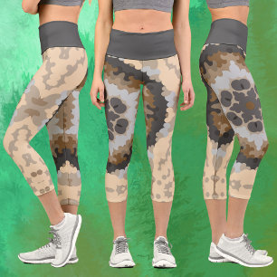 Retro Mandala Flower Brown and Tan Capri Leggings