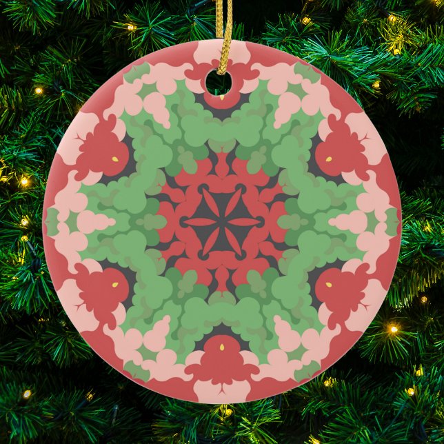 Retro Mandala Flower Green and Red Ceramic Tree Decoration (Creator Uploaded)
