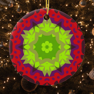 Retro Mandala Flower Green Red and Purple Ceramic Tree Decoration