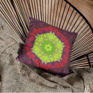 Retro Mandala Flower Green Red and Purple Cushion