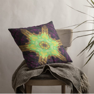 Retro Mandala Flower Green Yellow and Purple Cushion