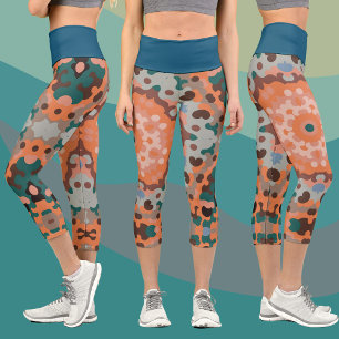 Retro Mandala Flower Orange Blue and Brown Capri Leggings
