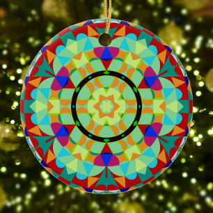 Retro Mandala Flower Orange Red and Blue Ceramic Tree Decoration