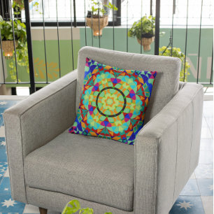 Retro Mandala Flower Orange Red and Blue Cushion