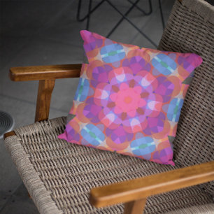 Retro Mandala Flower Pink Blue and Purple Cushion