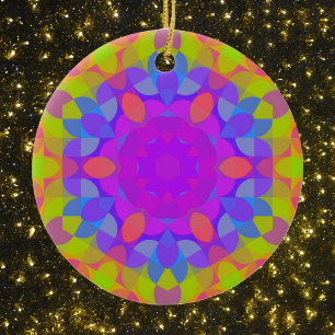 Retro Mandala Flower Pink Green and Blue Ceramic Tree Decoration