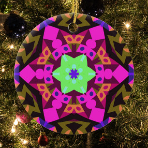 Retro Mandala Flower Pink Orange and Green Ceramic Tree Decoration