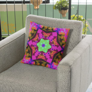 Retro Mandala Flower Pink Orange and Green Cushion
