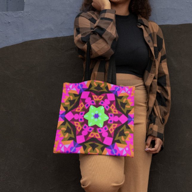 Retro Mandala Flower Pink Orange and Green Tote Bag (Creator Uploaded)