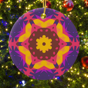 Retro Mandala Flower Pink Purple and Yellow Ceramic Tree Decoration