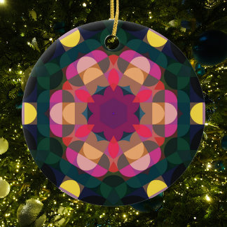 Retro Mandala Flower Pink Purple and Yellow Ceramic Tree Decoration