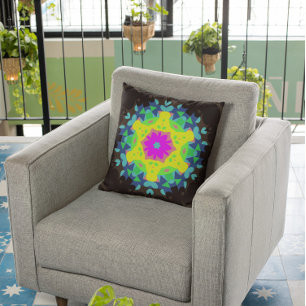 Retro Mandala Flower Pink Yellow and Blue Cushion