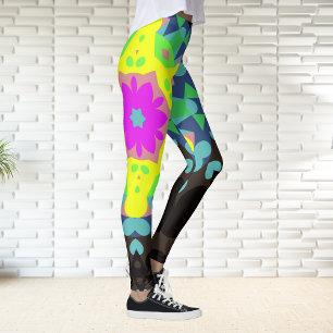 Retro Mandala Flower Pink Yellow and Blue Leggings