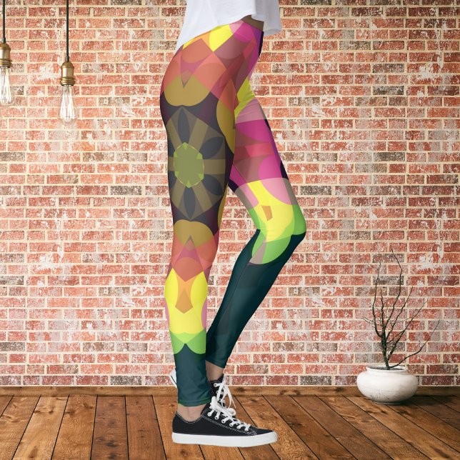 Retro Mandala Flower Pink Yellow and Green Leggings (Creator Uploaded)