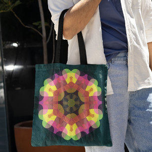 Retro Mandala Flower Pink Yellow and Green Tote Bag