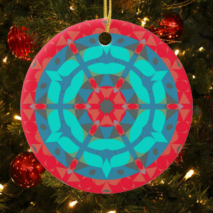 Retro Mandala Flower Red and Blue Ceramic Tree Decoration