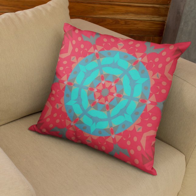 Retro Mandala Flower Red and Blue Cushion (Creator Uploaded)