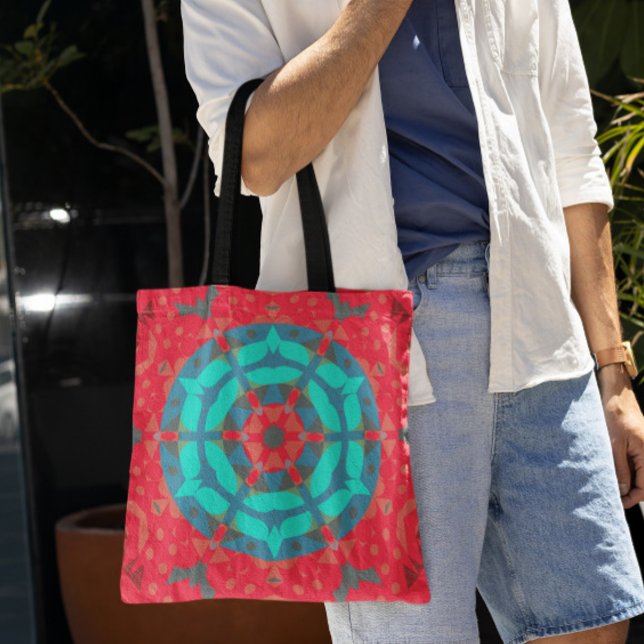 Retro Mandala Flower Red and Blue Tote Bag (Creator Uploaded)