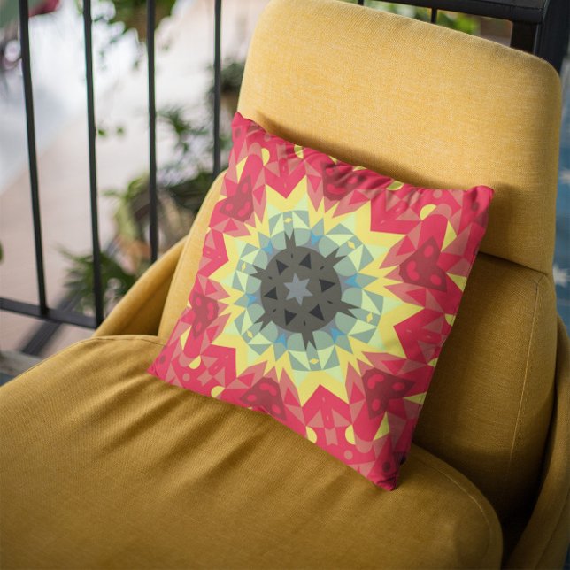 Retro Mandala Flower Red and Yellow Cushion (Creator Uploaded)