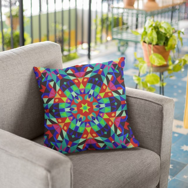 Retro Mandala Flower Red Green and Blue Cushion (Creator Uploaded)