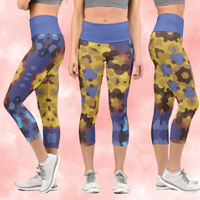 Retro Mandala Flower Yellow and Blue Capri Leggings (Creator Uploaded)