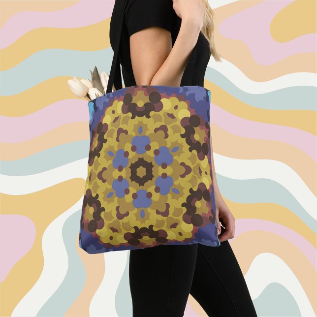 Retro Mandala Flower Yellow and Blue Tote Bag (Creator Uploaded)