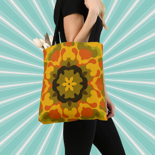 Retro Mandala Flower Yellow and Orange Tote Bag