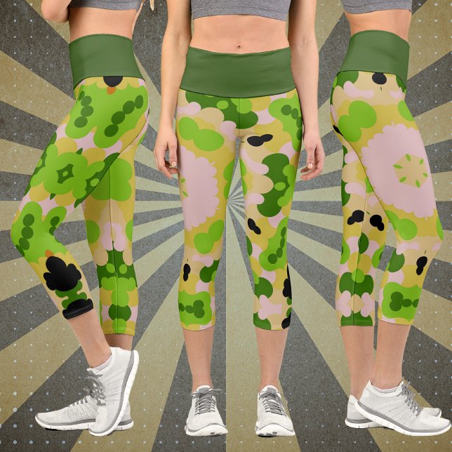 Retro Mandala Flower Yellow Green and White Capri Leggings (Creator Uploaded)