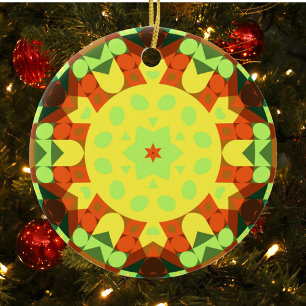 Retro Mandala Flower Yellow Orange and Green Ceramic Tree Decoration