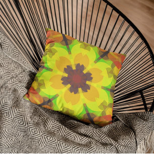 Retro Mandala Flower Yellow Orange and Green Cushion