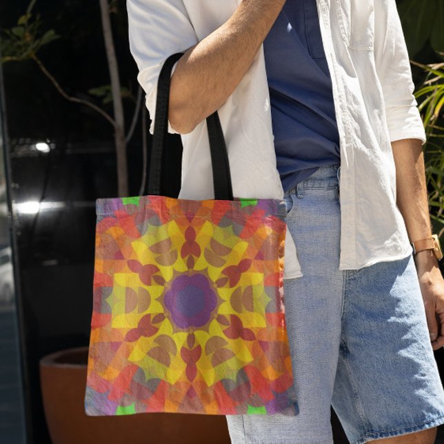 Retro Mandala Flower Yellow Orange and Purple Tote Bag (Creator Uploaded)