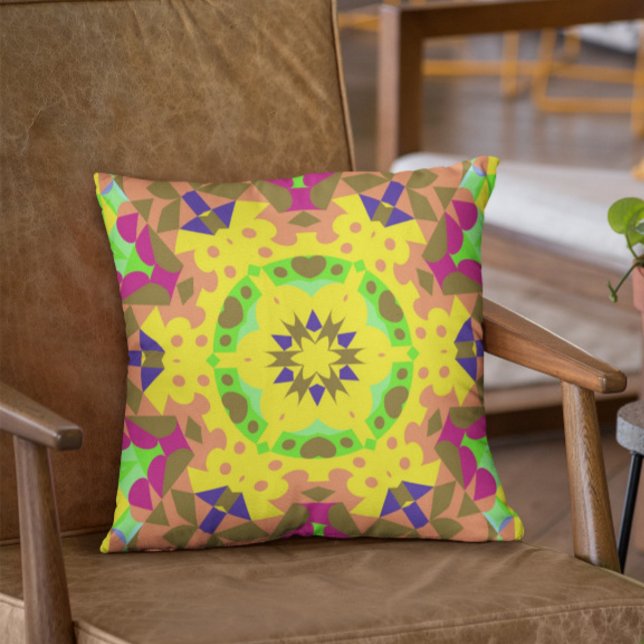 Retro Mandala Flower Yellow Orange Green and Pink Cushion (Creator Uploaded)