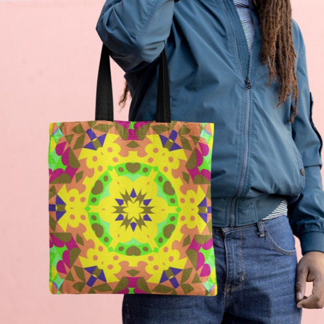 Retro Mandala Flower Yellow Orange Green and Pink Tote Bag (Creator Uploaded)