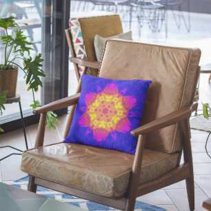 Retro Mandala Flower Yellow Pink and Blue Cushion