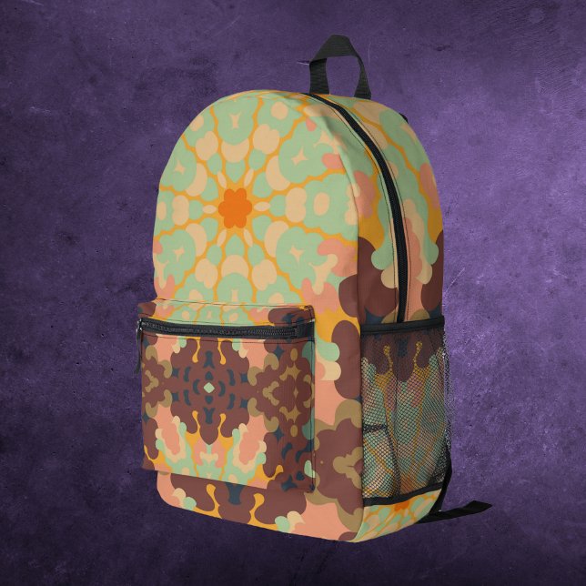 Retro Mandala Green Orange and Yellow Printed Backpack (Creator Uploaded)