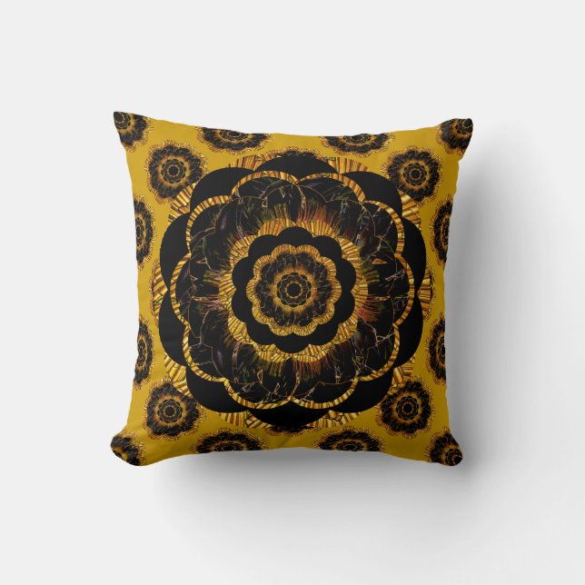 Retro Mandala Hippy Cushion - Black Gold Mustard (Front)
