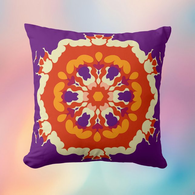 Retro Mandala Purple Red and Orange Cushion (Retro Mandala Pillow from Wormhole Orbital)