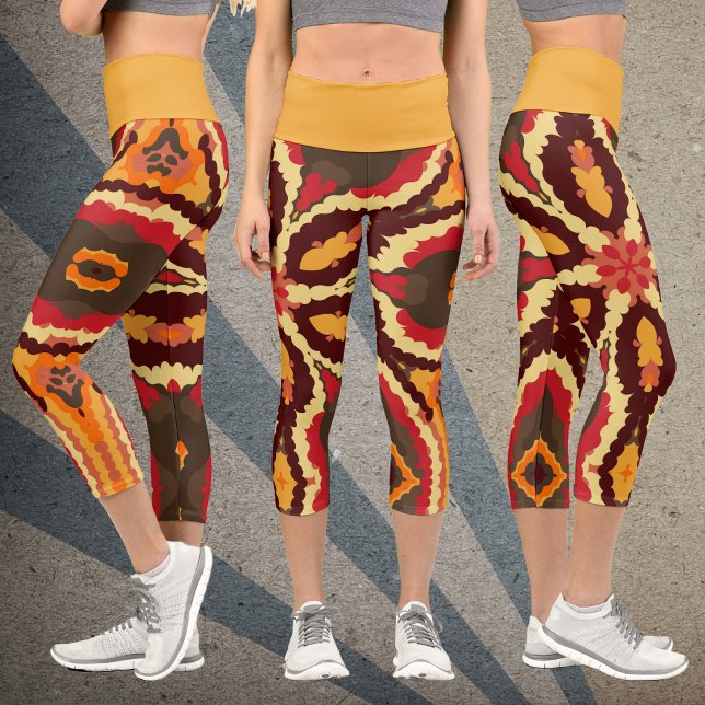 Retro Mandala Red Orange and Brown Capri Leggings (Creator Uploaded)