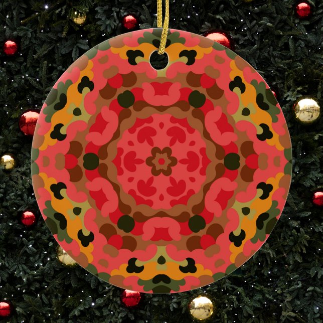 Retro Mandala Red Orange and Green Ceramic Tree Decoration (Red Orange and Green Retro Mandala Ornament by Wormhole Orbital)